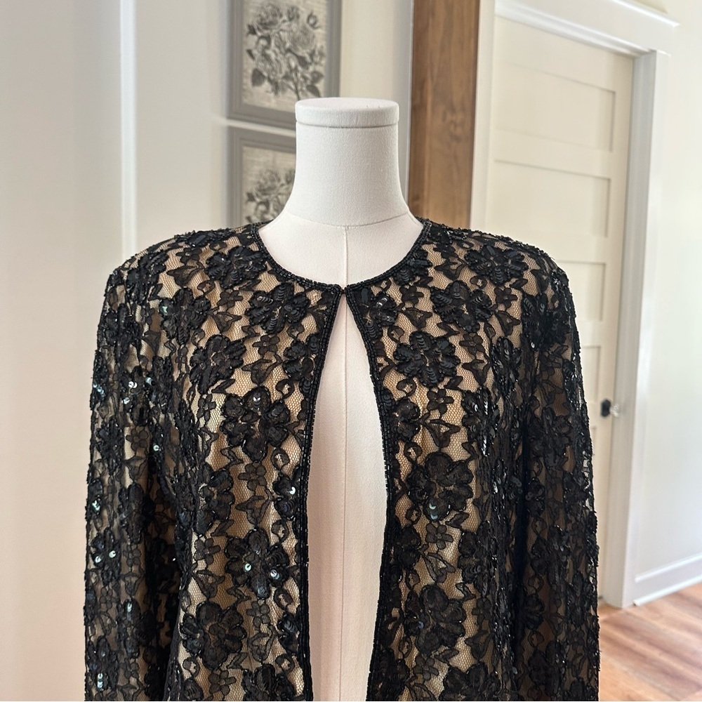 Women's 14 Black Beaded Lace Open Lined Cocktail Holiday Formal Party Jacket - Picture 7 of 7